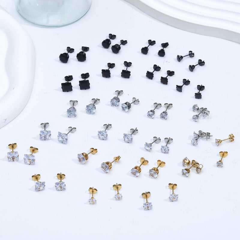 NEWITIN 24 Pairs Stainless Steel Earrings for Men Hypoallergenic Inlaid Cubic Zirconia Studs Hoop Earring Cross Dangle Earrings Unisex Punk Stud Earring for Women Men - Image 3